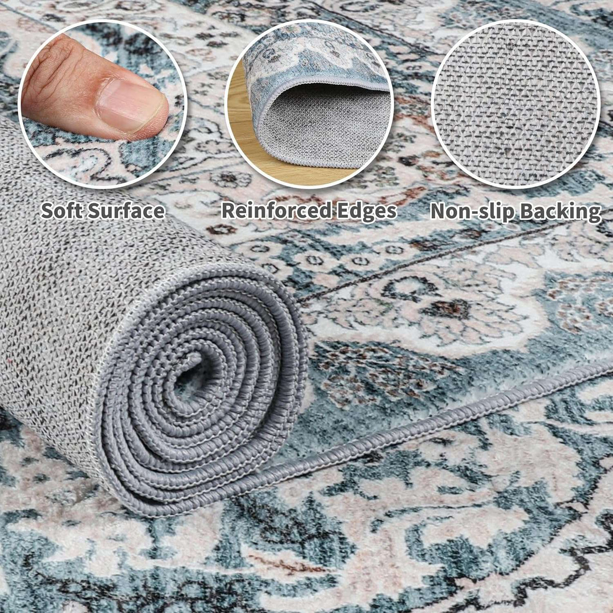 Area Rugs for Living Room, Machine Washable Vintage Rug, Non-Slip Low Pile Throw Rugs with Rubber Backing Washable Carpet