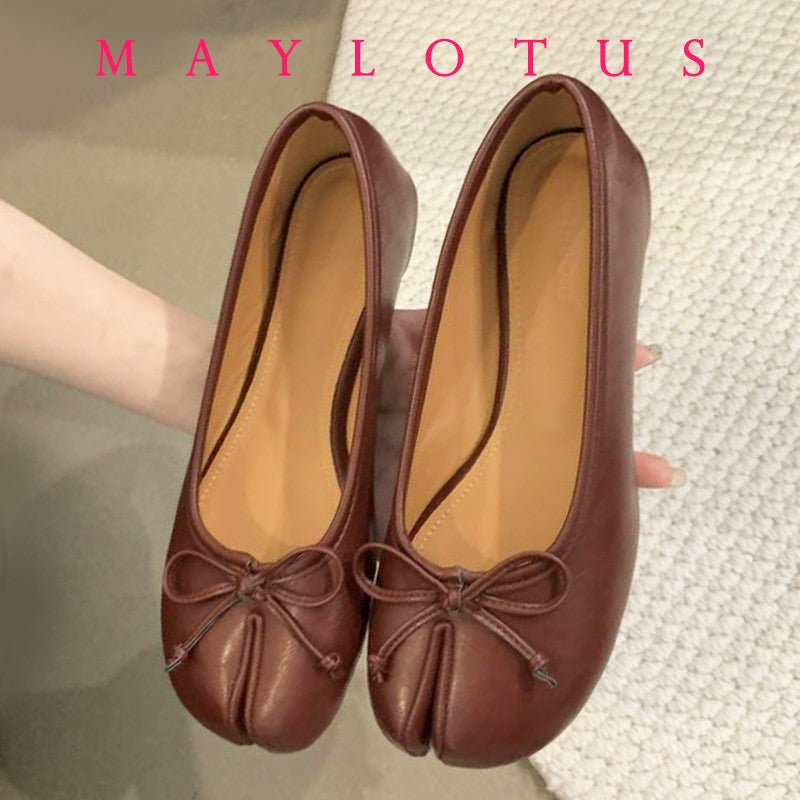 Tabi Shoes Ballet Falts Leather Ballerina Shoes For Women Split Toe Flats Tabi Shoes Slip On Soft Bottom Moccasins with Bowknot