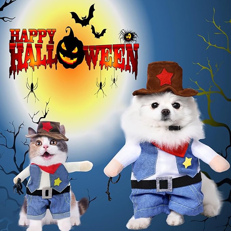 Cowboy Costume with Hat for Cat and Small Dog Pet Halloween Clothes Funny Costume for Cats & Small Dogs