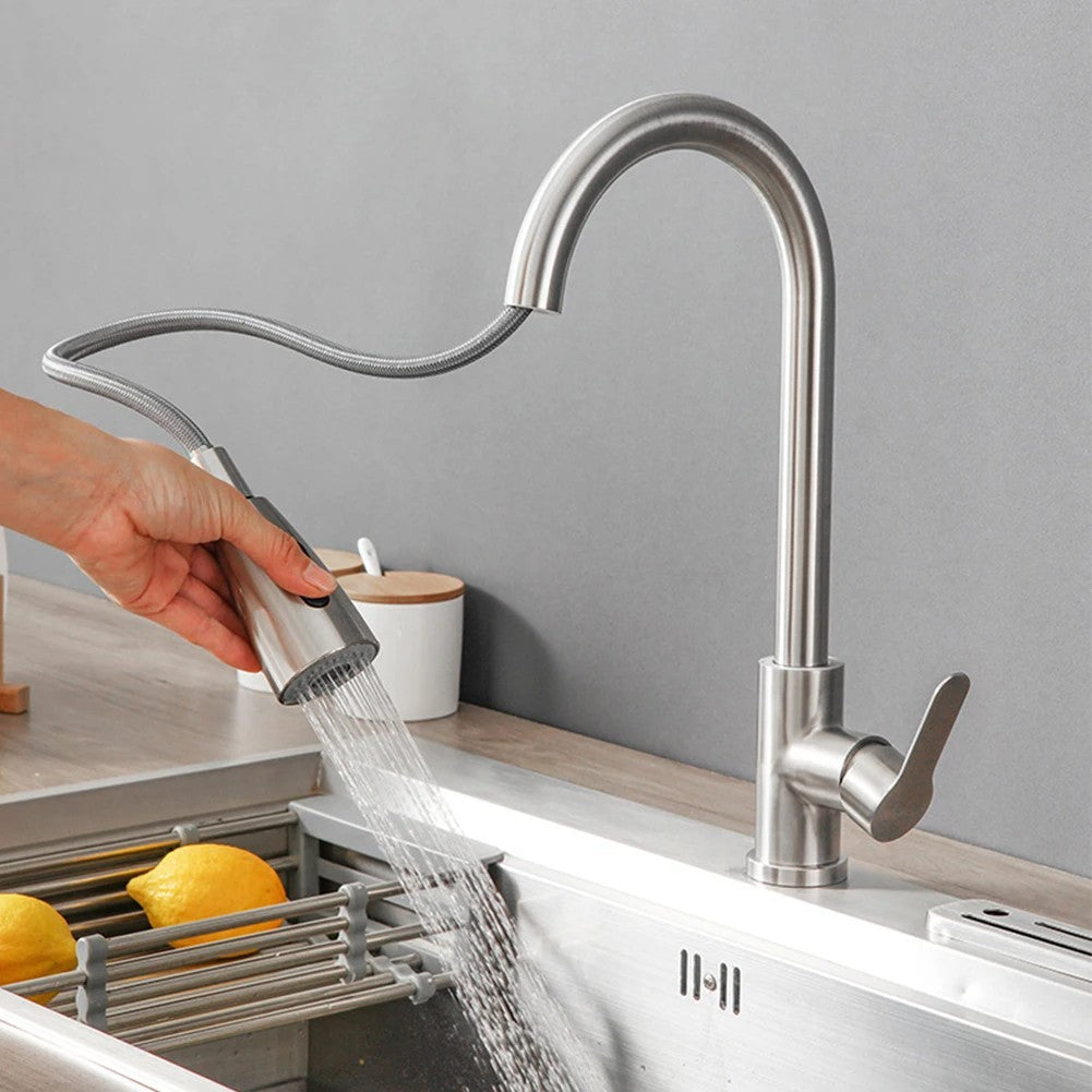 Kitchen Faucets Brushed Nickel Pull Out Kitchen Sink Water Tap Deck Mounted Mixer Stream Sprayer Head Hot Cold Taps Sliver