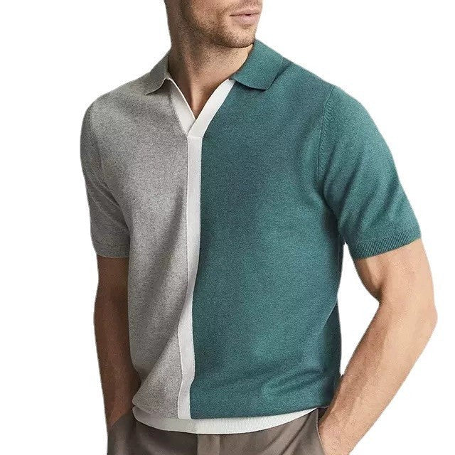 Men's ribbed knitted lapel contrasting shirt, breathable striped pullover casual wear, comfortable and high-quality men's shirt