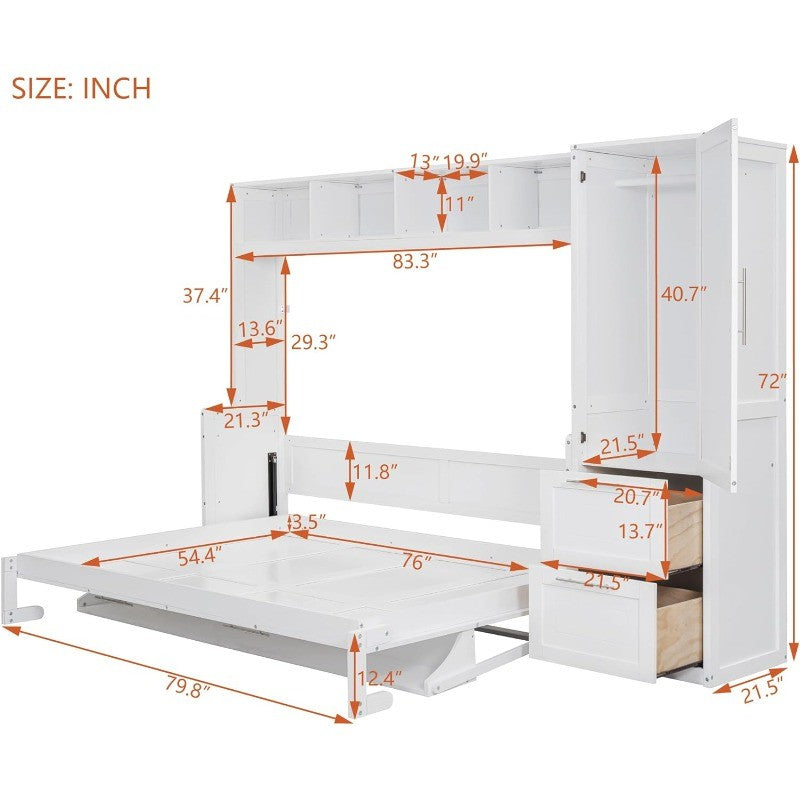 Full Murphy Bed with Storage Cabinets, Space Saving White