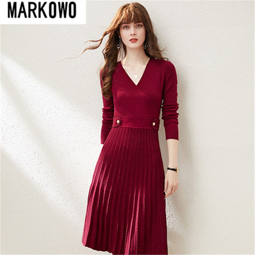 MARKOWO Desinger Brand 2022 Autumn and winter niche wool retro temperament slim V-neck knitted pleated dress