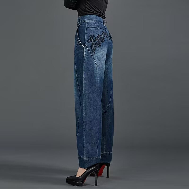 Autumn Winter High Waisted Women Jeans Casual Loose Embroidery Bloomers Trousers Female Fashion Wide Leg Denim Pants Blue