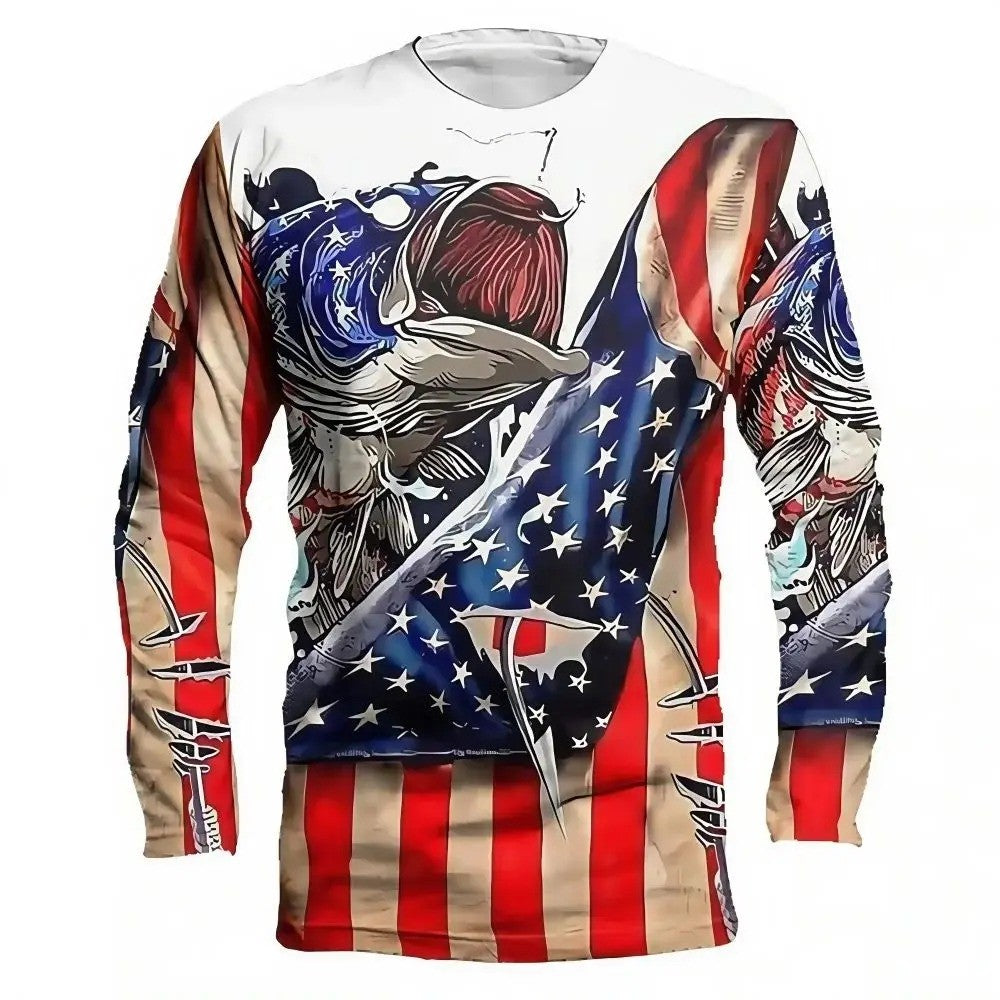 Men's Fishing 3D Printed Long Sleeve T-Shirt - Crew Neck Retro Casual Wear, Ideal for Autumn Leisure & Outdoor Activities