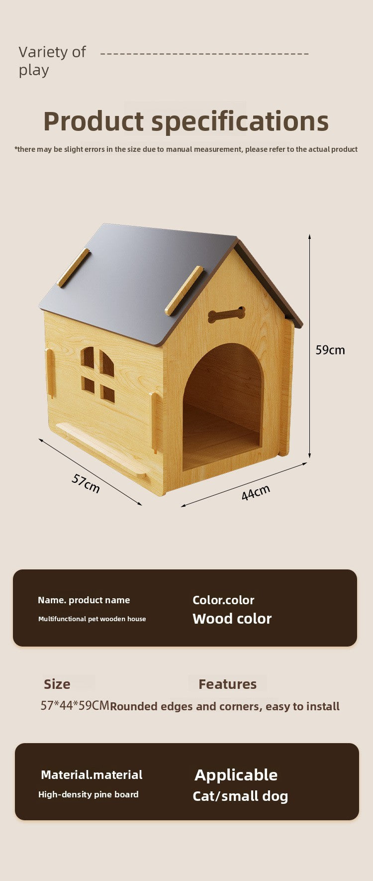 New wooden dog house and cat house, pet windowed dog house, detachable pet cabin, high-density Osson board, with iron doors