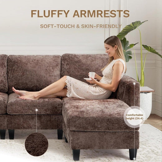 118" U-Shaped Sectional Couch, 4-Seat Modular Sofa with 2 Ottomans and Foldable Side Table, Brown for Living Room