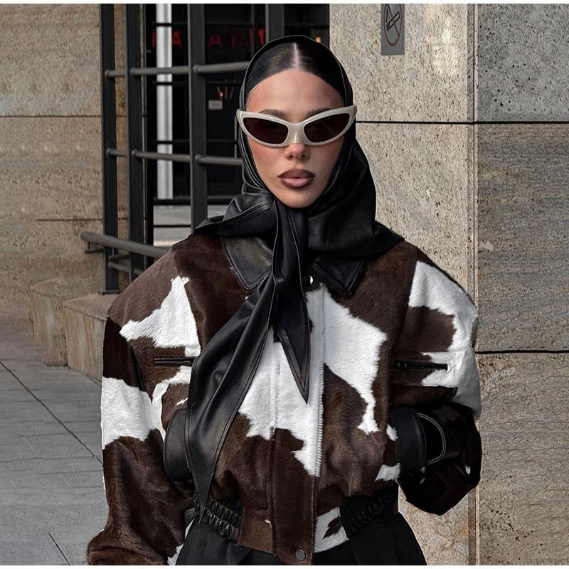 Fashion Women's Cow Print Jacket Lapel Collar Short Length Zipper Button Coats 2025 Autumn Winter Female Trendy Warm Outerwear