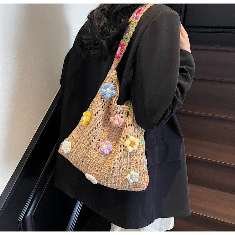 Women's Boho Crochet Bag Designer Flowers Knitted Handbags Large Capacity Summer Beach Woven Shoulder Bag Girls Tote Shopper Bag