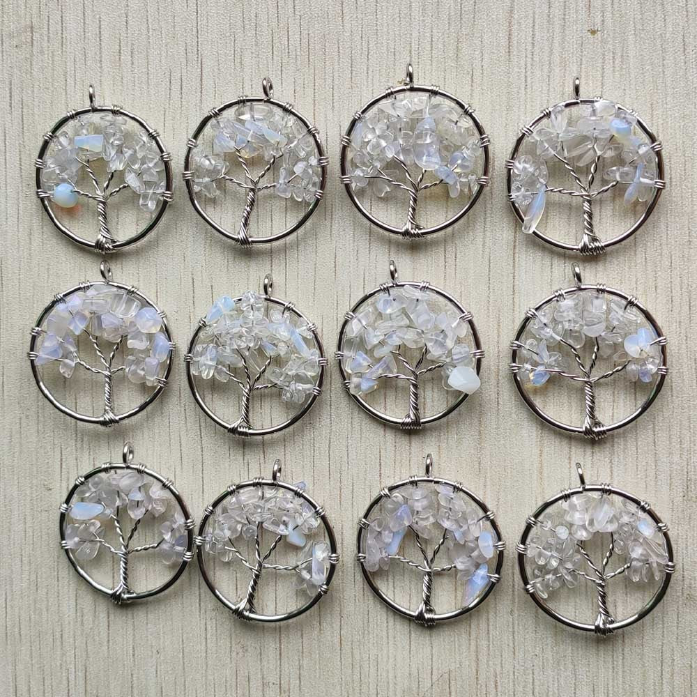 Natural Amethysts Roses Quartz Stone Handmade Wire Wrapped Tree of Life Pendants 30mm for Jewelry Marking Wholesale 12pcs/lot