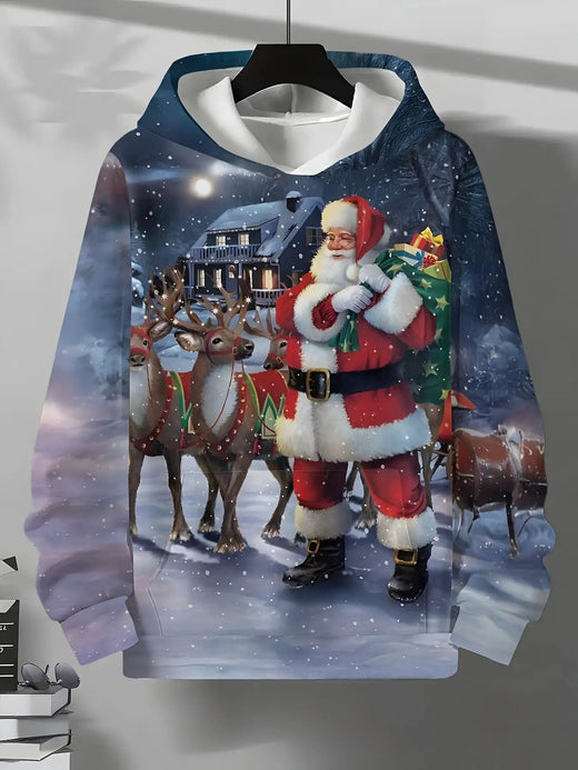 Ultimate Christmas Vibe | Men's Casual Hooded Sweatshirt for Autumn | Santa & Reindeer Design| For Party & Daily Wear
