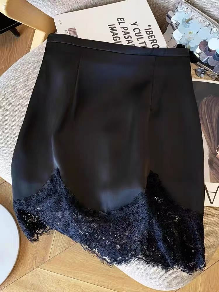 Ladies Fashion Lace Spliced A-line Mini Skirt Summer Thin High Waist Solid Color Skirt Women Clothes Simple Black Short Skirts