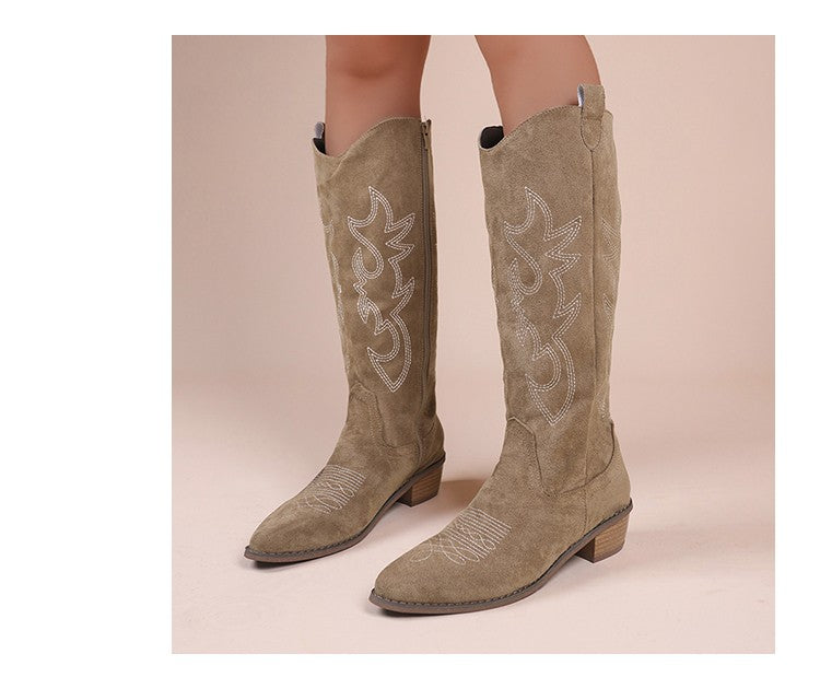 Embroidered Western Cowboy Boots for Women Autumn Pointed Toe Thick Heel High Knee Boots Woman Loose PU Leather Long Botas Mujer