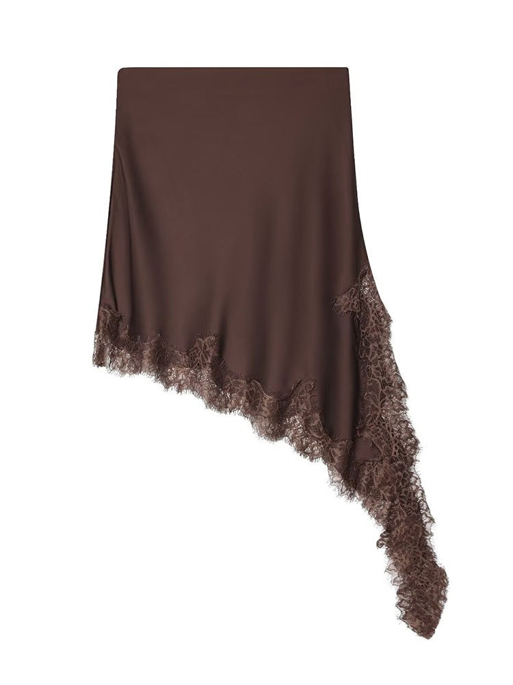 HH Women 2025 New Fashion Simple Asymmetrical Lace Skirt Female Elegant Sexy Silk Satin Texture Mid-Waist Casual Versatile Skirt