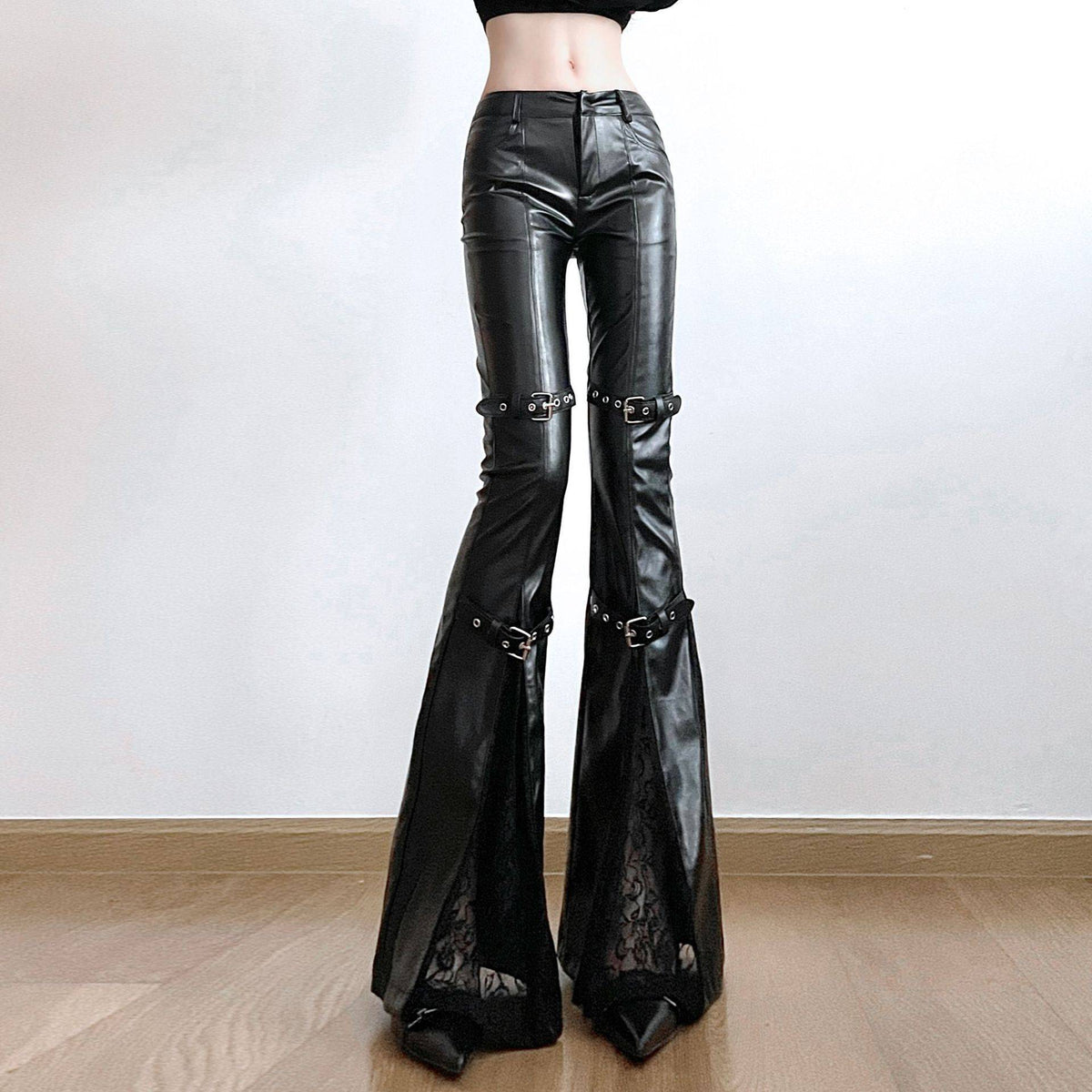 PU Leather Flare Pant Goth Buckle Lace Patchwork Pants Women Fashion Y2K Streetwear Vintage Aesthetics Casual Pants Trousers
