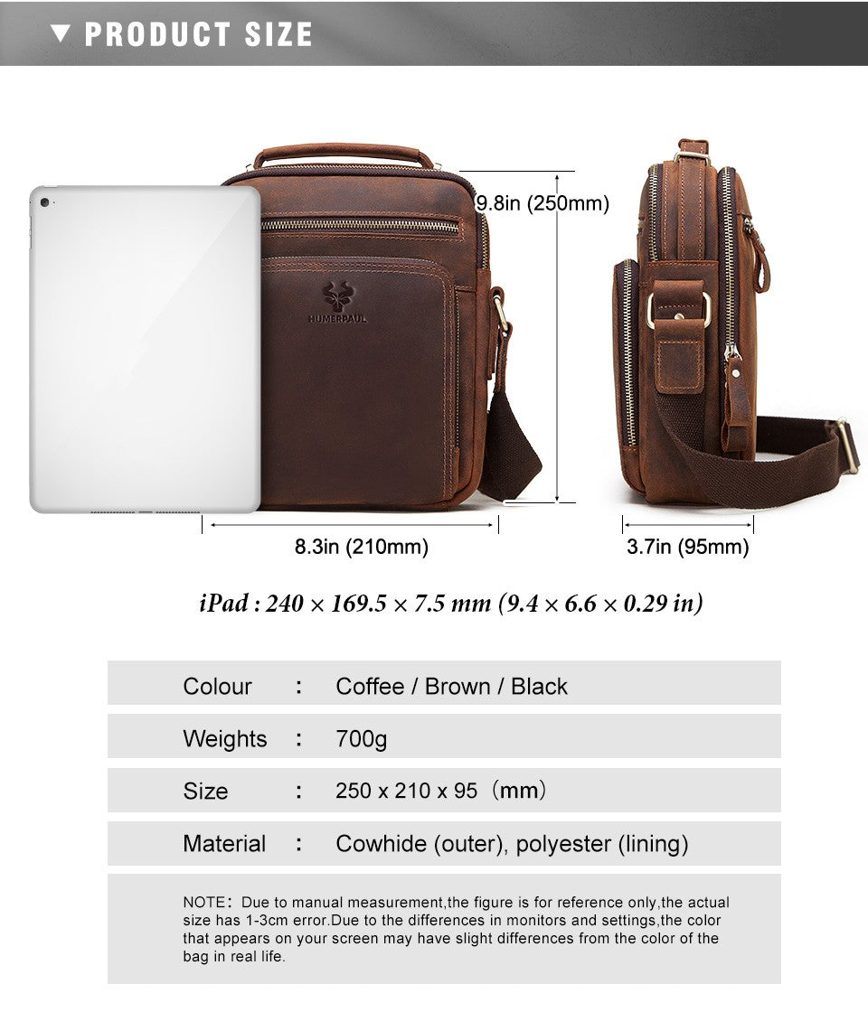 HUMERPAUL Genuine Leather Men's Shoulder Bag Vintage Cross Bags Large Capacity Male Messenger Tote Bag Travel Bolso Hombres