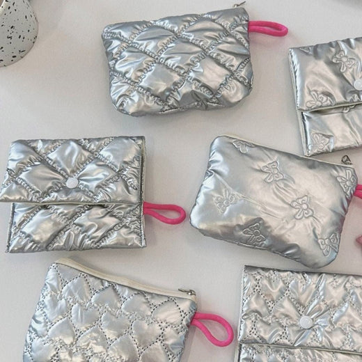 INS Style Silver Sanitary Mat Bag Zipper Button Change Purse Coins Keys Wallet Love Bow Credit Card Holder Cosmetics Napkin