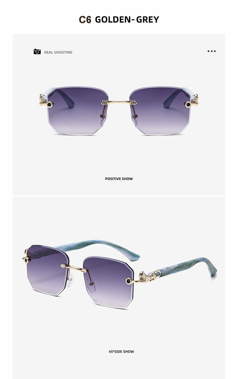 Square Sunglasses For Men Women Fashion Metal Leopard Head Rimless Eyewear Travel And Driving Shades Oculos De Sol UV400