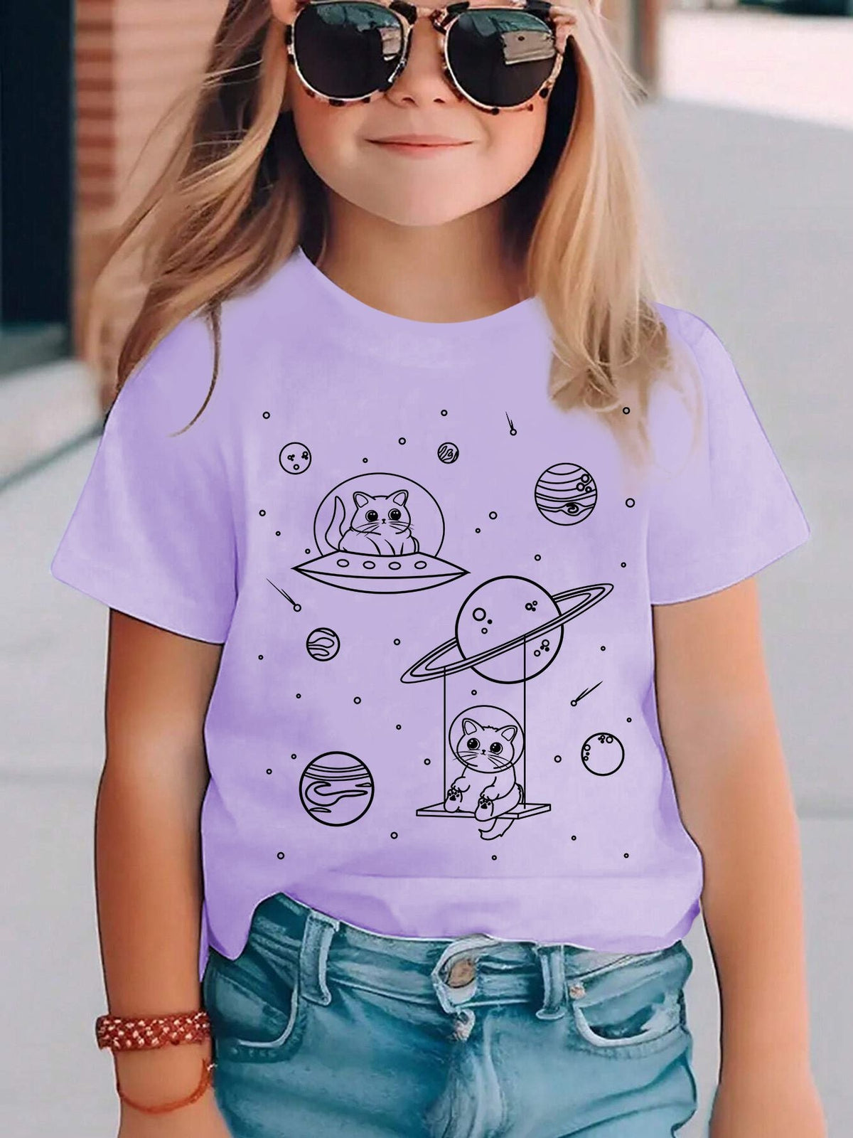 Space Cat Graphic T-Shirt for Children Girls Boys Fashion Casual Tops Space Girl Boy Tshirt Cute Cat Kids Wear Outfit Clothes