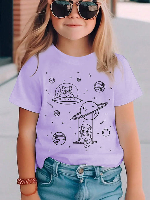 Space Cat Graphic T-Shirt for Children Girls Boys Fashion Casual Tops Space Girl Boy Tshirt Cute Cat Kids Wear Outfit Clothes