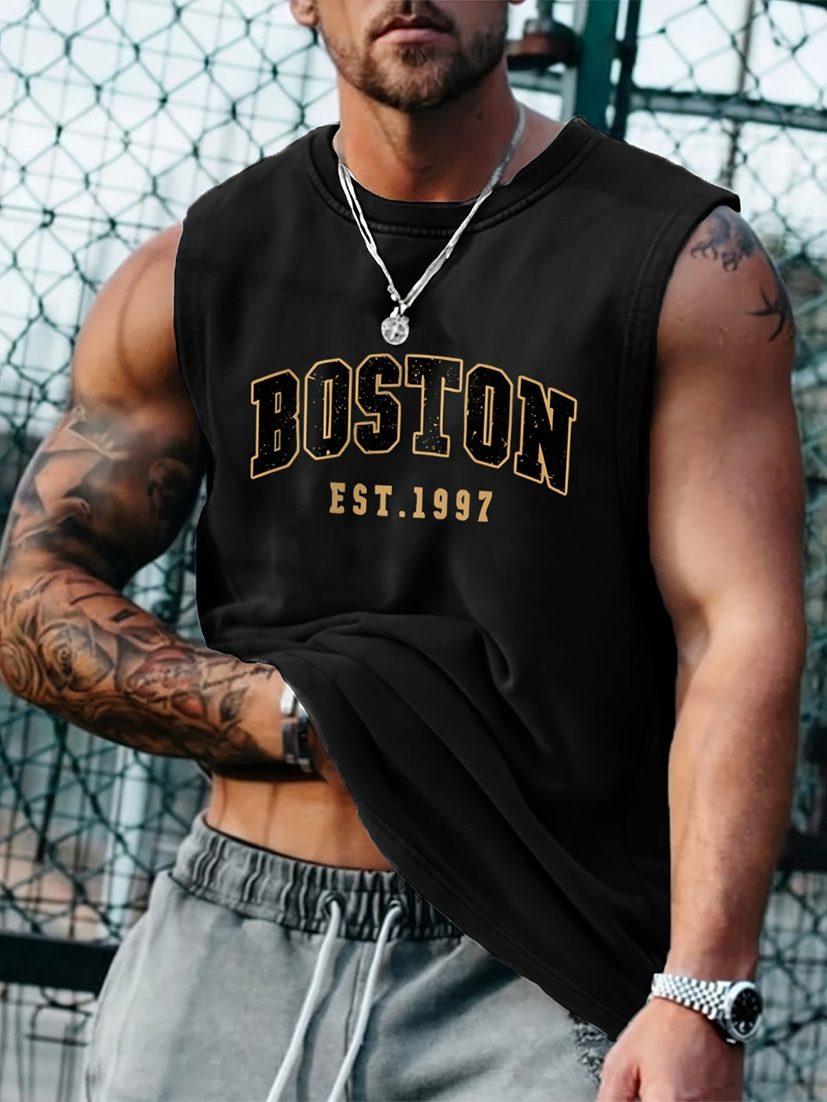 Men's summer fashion casual sports loose Boston est 1997 Print comfortable breathable round neck sleeveless vest
