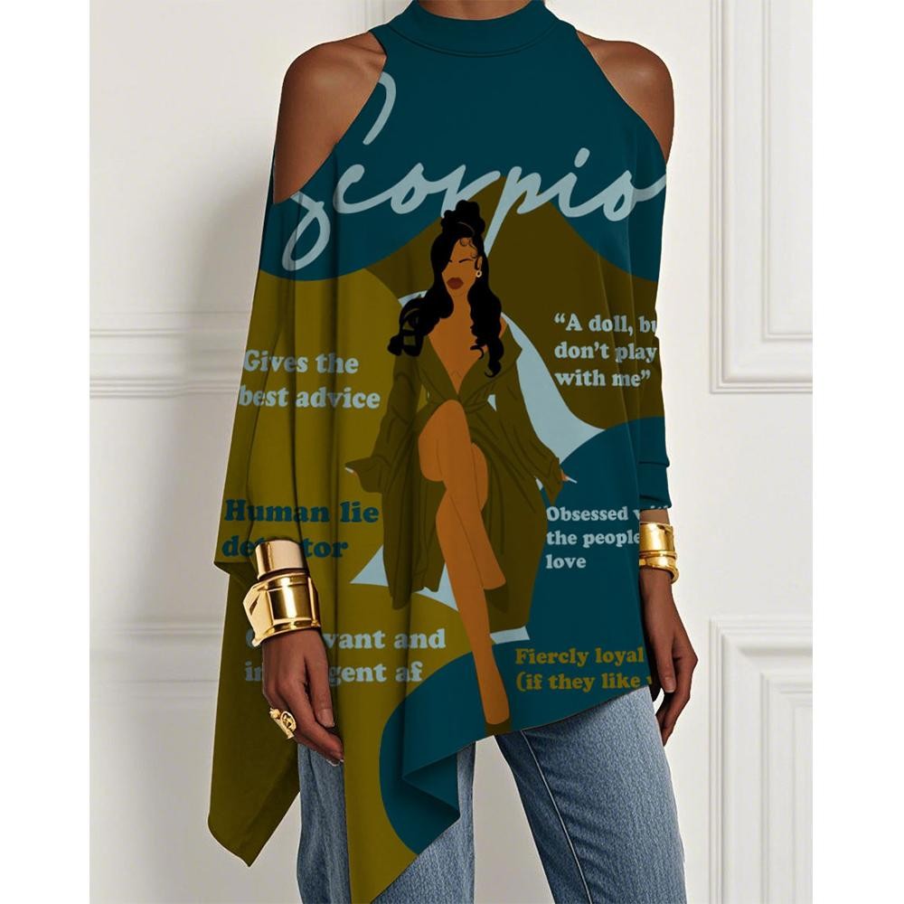 European And American Trendy Printed Off-the-shoulder Skirt Irregular Hem Design Dress Fashionable Loose Long-sleeved T-shirt