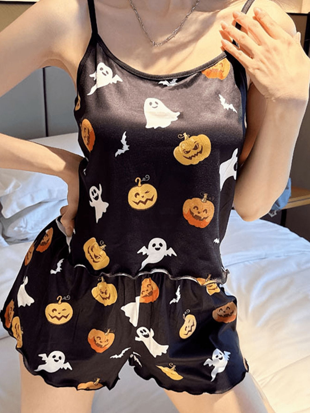 Halloween Pumpkin & Ghost Print Camisole Top And Shorts two piece sets