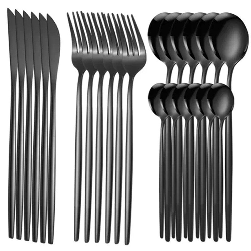 24Pcs Stainless Steel Dinnerware Set Black Gold Cutlery Spoon Fork Knife Western Cutleri Silverware Flatware Tableware Supplies