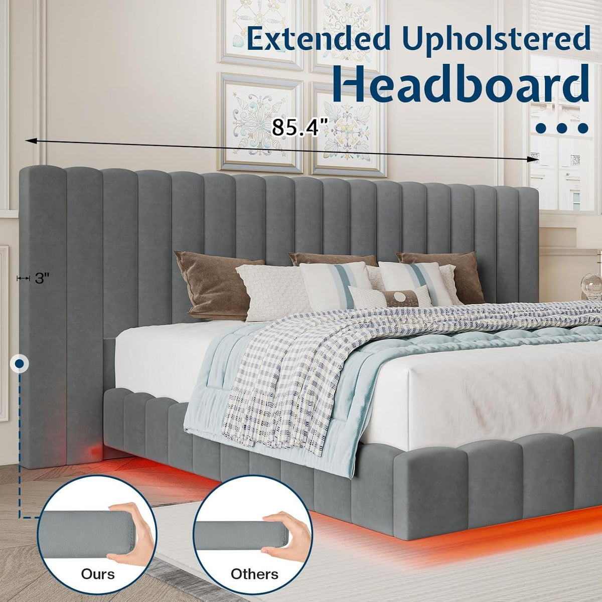 Queen Bed Frame with LED Lights and Upholstered Oversized Headboard, Modern Velvet Platform with Floating Design, No Box