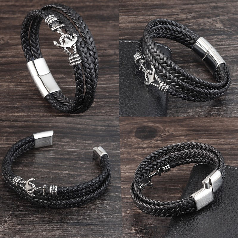Punk Stainless Steel Anchor Bracelets Genuine Leather Bracelet & Bangles for Men Jewelry Black Color Fashion Gift