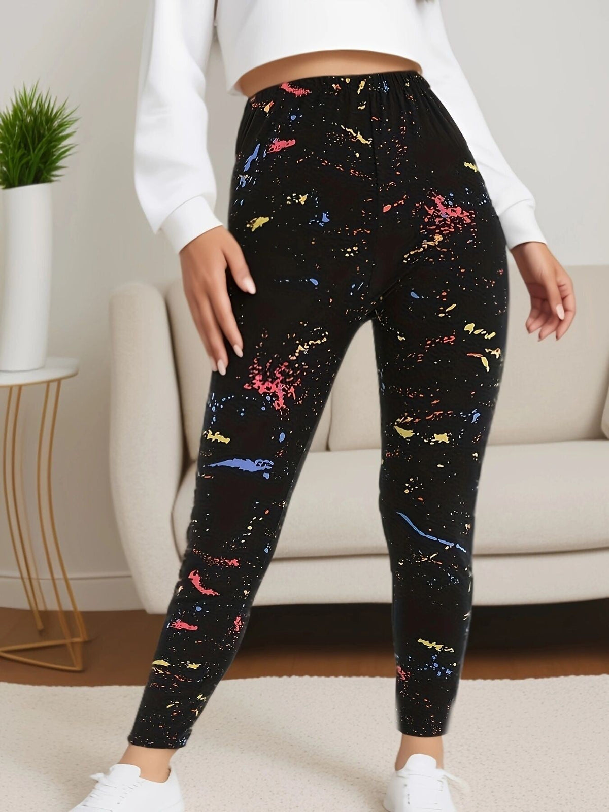 CUHAKCI Black Inkjet Plus Size Sports Tight Women's Leggings High Elasticity Casual Fitness And Ankle Nine Point Pants