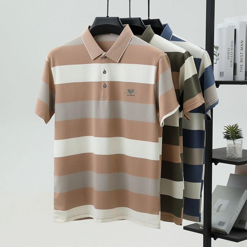 100% pure cotton fashion short sleeve polo shirt men's luxury brand embossed wide stripe color blocked summer casual lapel top