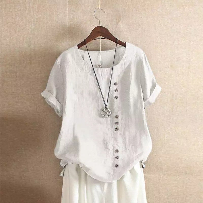 New Summer Women's Plus Size Shirt O-neck Cotton and Linen Loose Casual Ethnic Style Elegant Casual White Pink Top for Women
