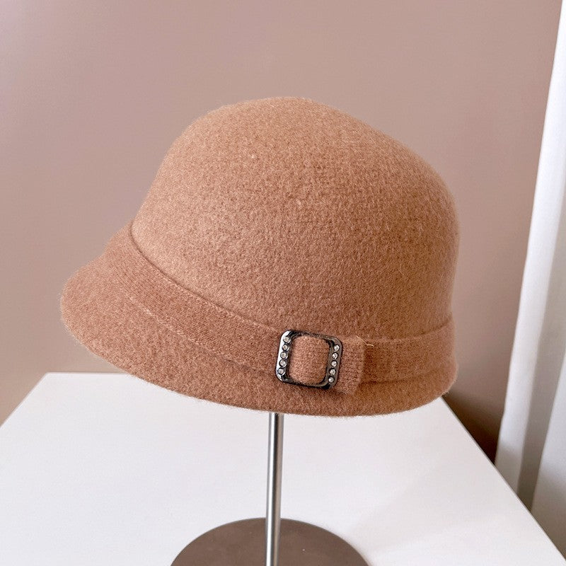 Japanese Wool Hat Women's Autumn and Winter Warm Knitted Hat Diamond Buckle Ribbon Fisherman Hat Front and Back Small Basin Hat