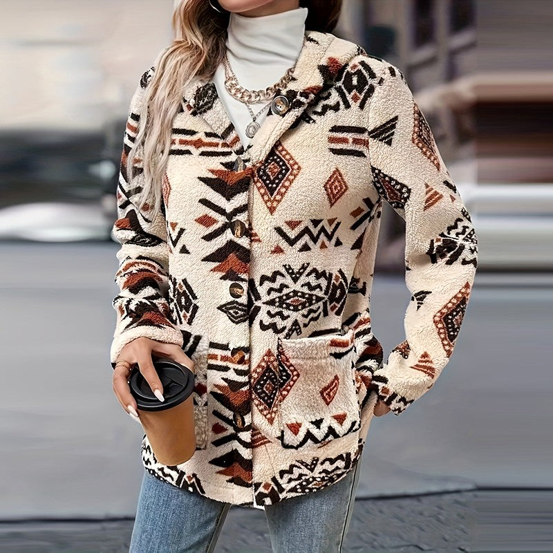 Autumn Winter Women Puff Breasted Warm Hoodies Jacket Women Casual Thick Plush Long Sleeve Coat Women Print Pocket Outerwear