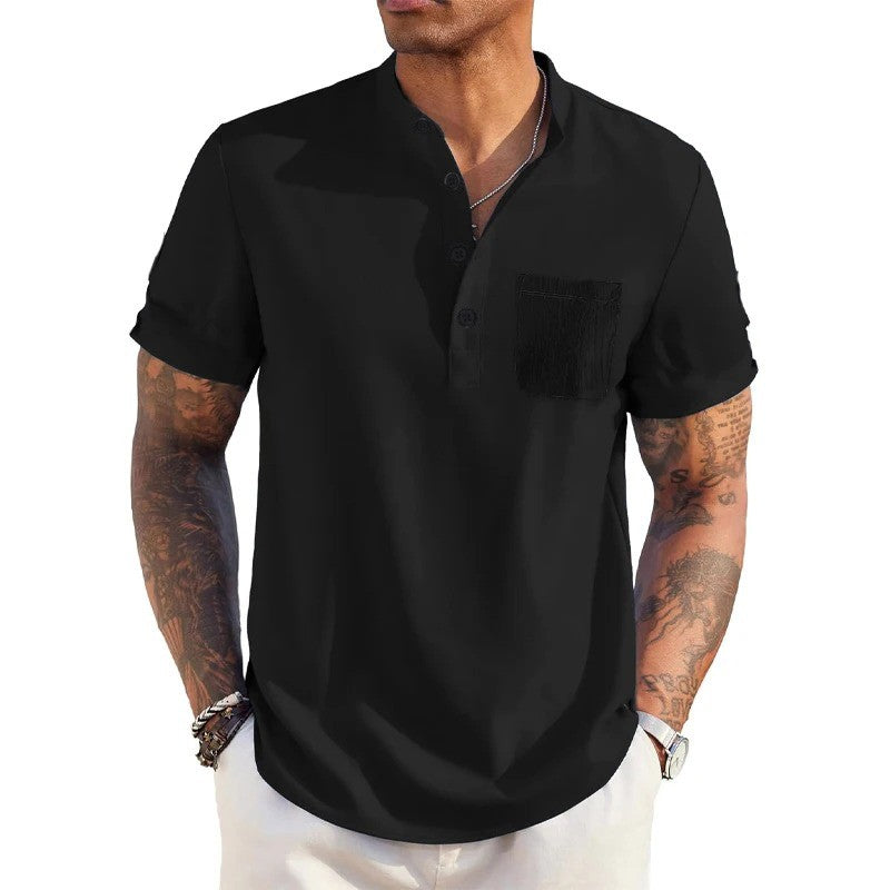 Summer Men's Cotton Linen T-Shirt Henley Neck Pocket Casual Lightweight Breathable Beach Shirt Solid Color Basic Style Tops