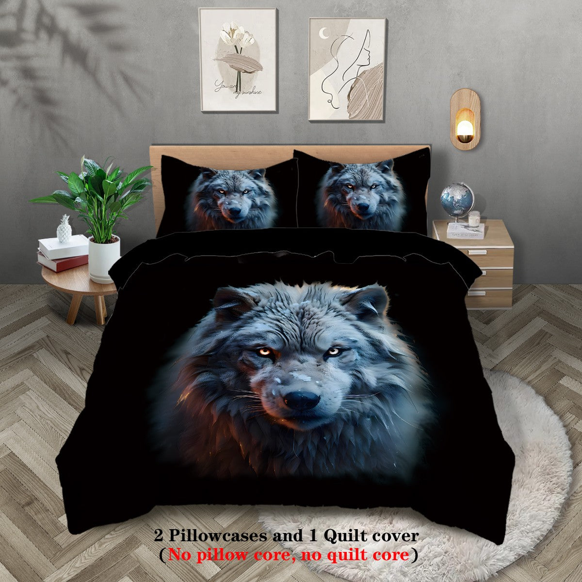 3-piece set, wolf pattern printed bedding set, queen, king, double bed, for bedroom, guestroom, hotel, home decoration