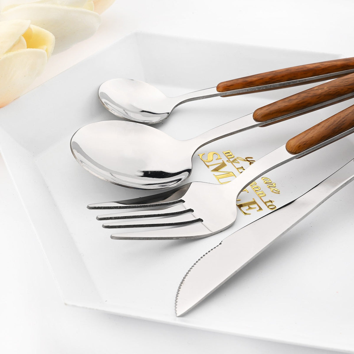 Drmfiy 24Pcs Brown Silver Dinnerware Stainless Steel Imitation Wooden Handle Silverware Knife Spoon Fork Cutlery Set Tableware