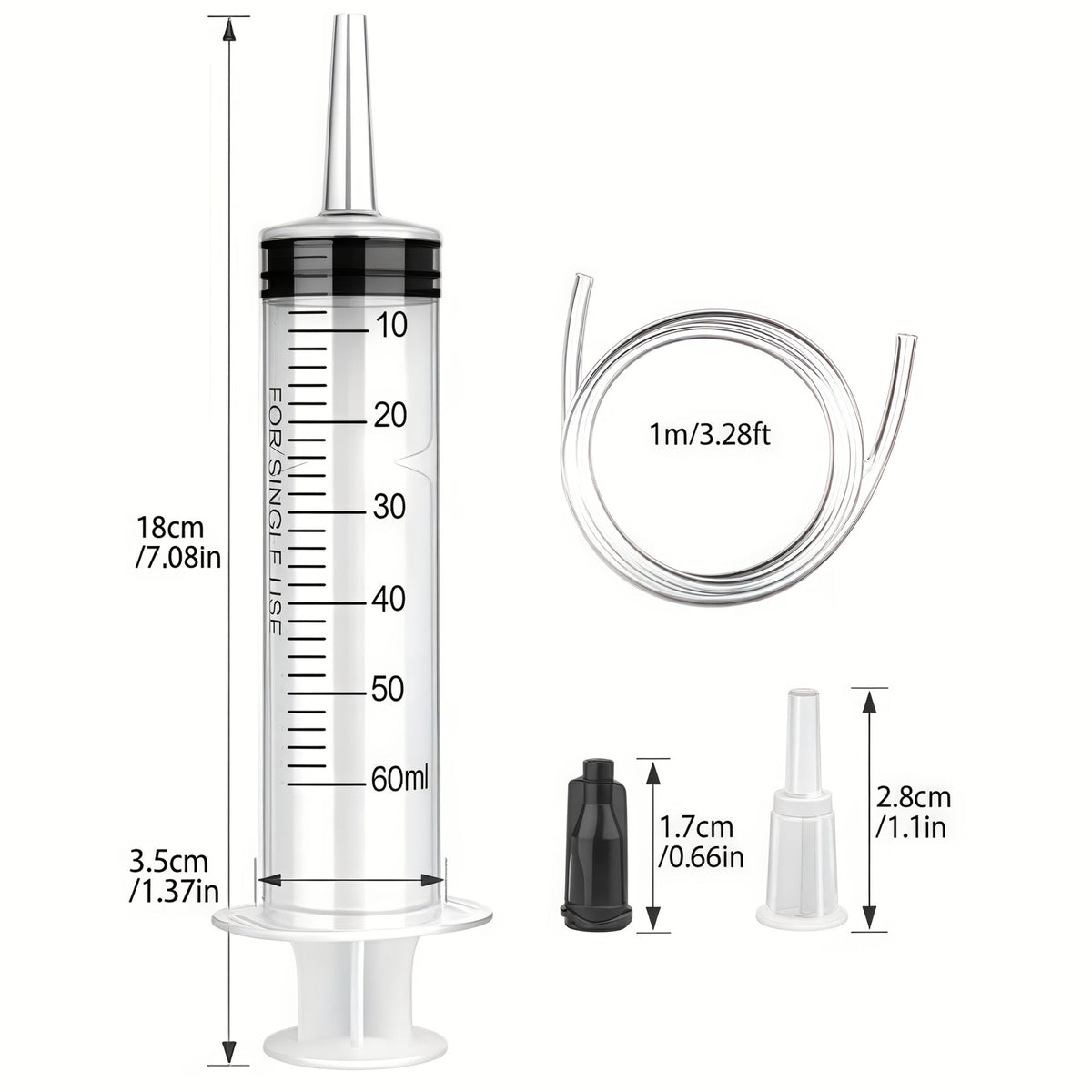 60/100/150ml large syringe with 100 cm of tubing, converter, cap set, garden injector, for liquid lipstick paint epoxy resin oil
