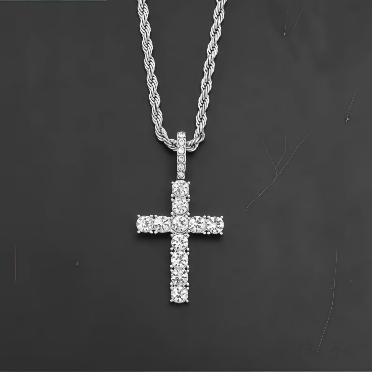 Iced Out Crystal Zircon Cross Pendant Necklace Silver Plated Twisted Chain Necklaces For Men Women?With a complimentary gift