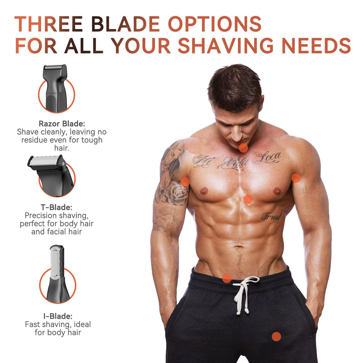 MAXGROOM 3 in 1 Men Bidirectional Body Hair Trimmer Electric Shaver IPX6 Waterproof Double-edged Razor Whole Body Hair Trimmer