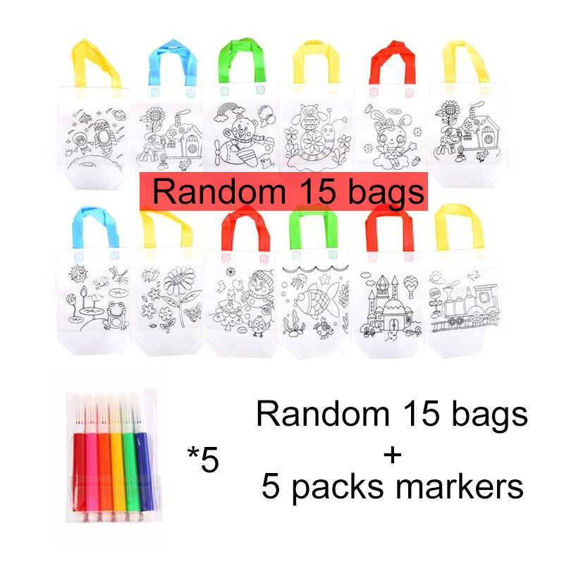 20Pcs DIY Coloring Bags with Markers Carnival Art Party Goodie Bags for Kids Eco Mini Non-Woven Fabric Shopping Storage Bags