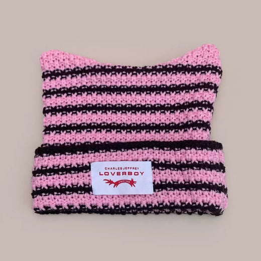 Y2K Handmade Stripe Knit Beanie Hat Cat Ears Cold Hat Winter Men Female Warm Crochet Hat Kawaii Designer