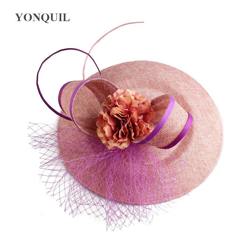 New Design Yellow With Purple Hair Fascinator Hat Headband Bridal Wedding Party Headpiece Mesh Ladies Occasion Hair Accessories