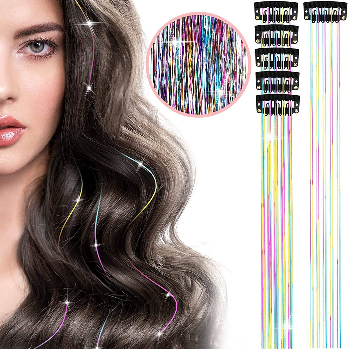6Pcs 50cm Sparking Shiny Hair Tinsel Hair Extensions Tinsel Synthetic Hair Clip Extensions Women for Braiding Headdress