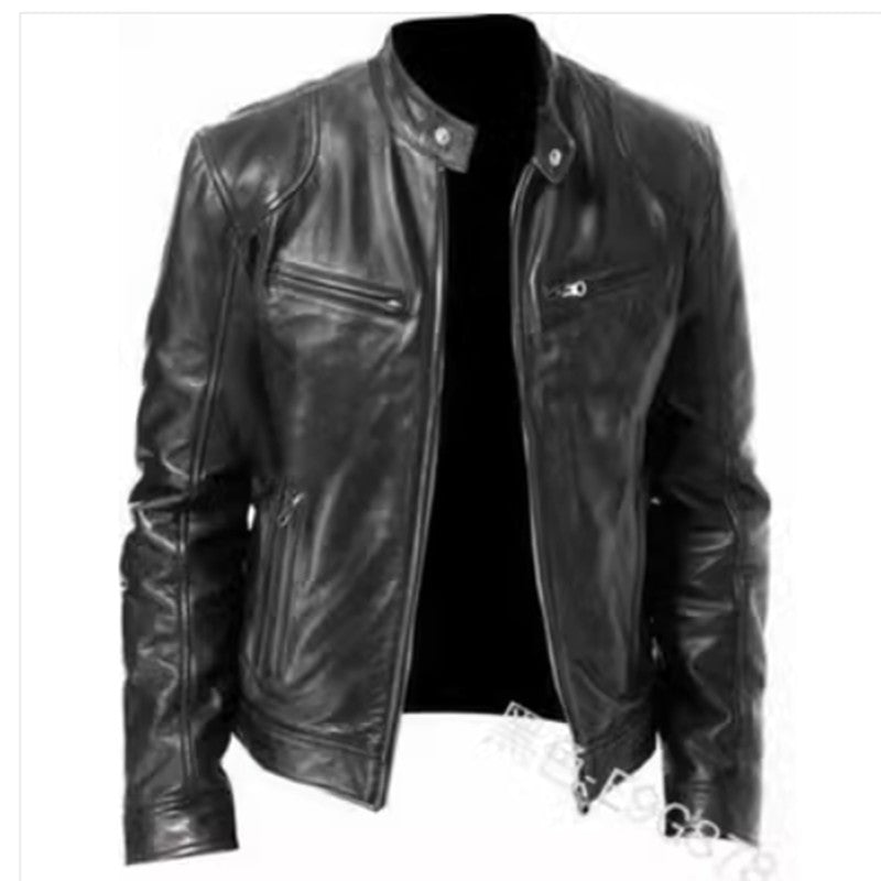 2023 Fashion Mens Leather Jacket Slim Fit Stand Collar PU Jacket Male Anti-wind Motorcycle Lapel Diagonal Zipper Jackets Men