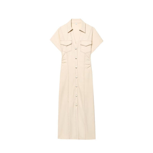 ETJ 2025 summer new women's elegant fashion waist pleated V-neck short-sleeved temperament denim MIDI dress