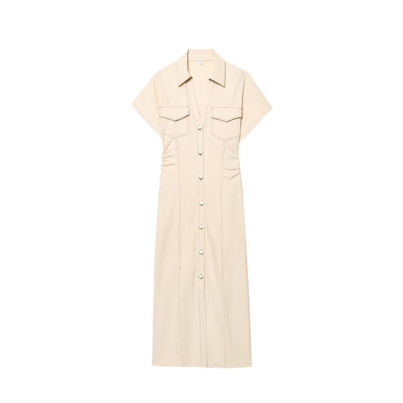 ETJ 2025 summer new women's elegant fashion waist pleated V-neck short-sleeved temperament denim MIDI dress