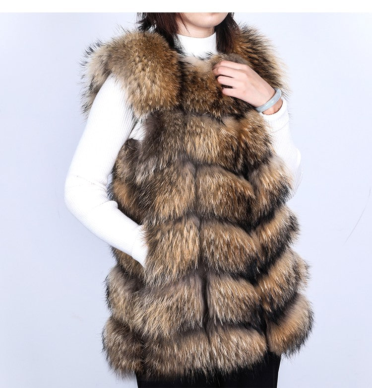 Maomaokong Natural Raccoon Real Fur Coat Ladies Waistcoat Fur Mid-length Winter Warm Real Fur Coat Luxury Women coat Top Vest
