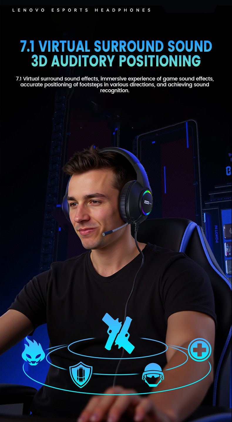Lenovo E08 Wired Gaming Headphone with Microphone RGB Light Computer Laptop 7.1 Virtual Surround Sound Effects E-sports Headset